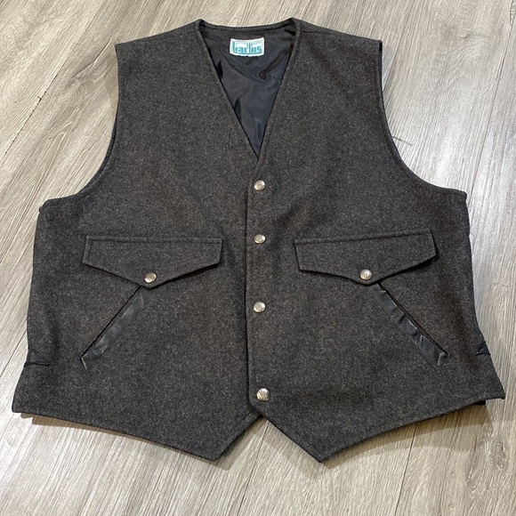 Kactus Western Wear Vintage Gray Wool Vest with Black Vegan Leather size L - Picture 3 of 6